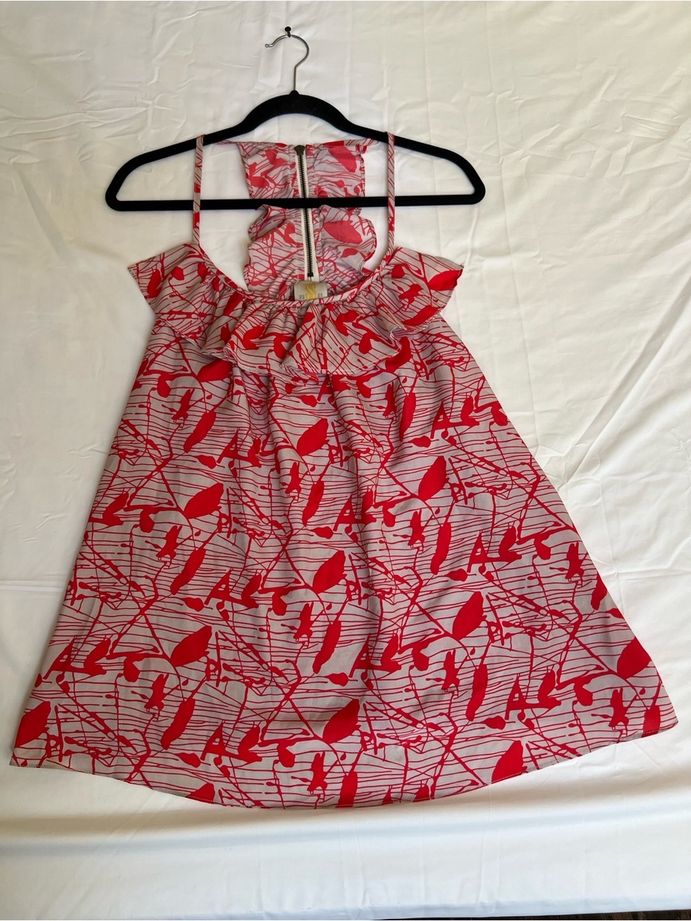 Red & White Printed Ruffle-Trim Spaghetti Strap Top